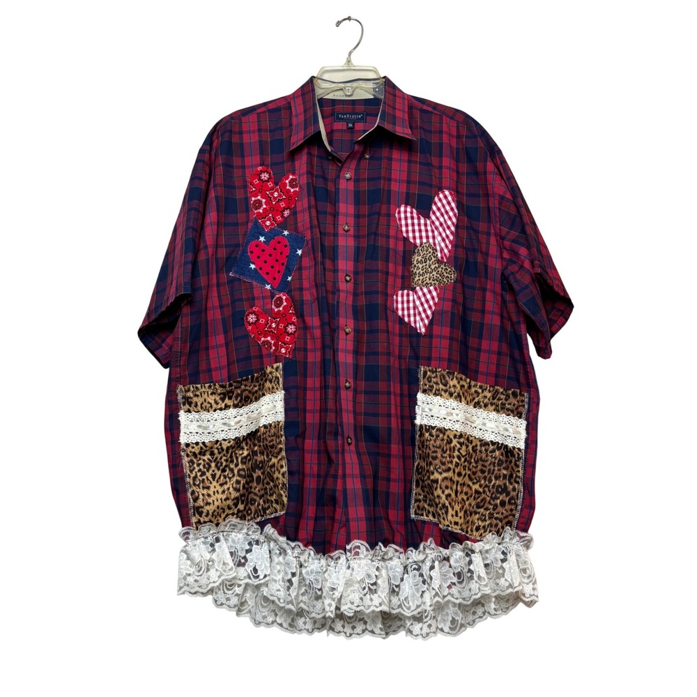 Van Heusen Upcycled Shirt Womens XL Red Plaid Hearts Lace‎ Leopard Boho Custom